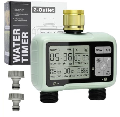 Johgee Sprinkler Timer 2 Zone Brass Inlet, Water Timer for Garden Hose Faucet 2 Outlet, Programmable Water Hose Timers Irrigation System Controller with Child Lock Mode, Auto & Manual Mode, Rain Delay
