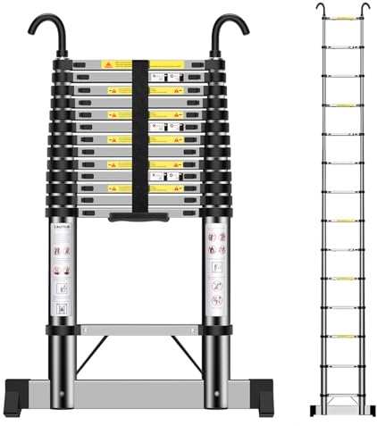 Telescopic Ladder 4.1m, Extendable Ladder Stainless Steel with Hooks and stabiliser, Height Adjustment, Convenience for Home, Attic Access, etc.