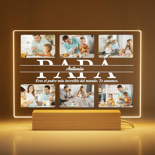 DXDOING Placa Personalizzata con 6 Fotos para Papá - Regalo Cumpleaños y Aniversario Original 2026 - Marco de Metacrilato con Base Madera -Regalo Original Día del Padre