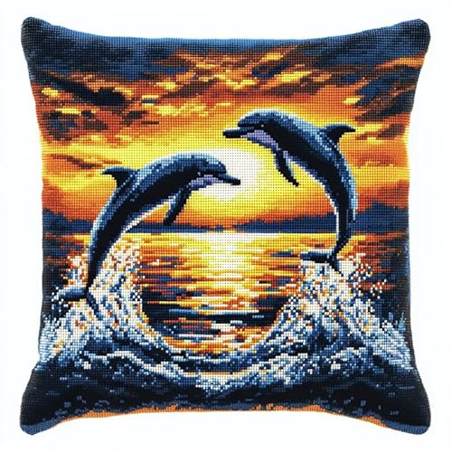 ASONGLINGO DIY Knüpfkissen Zum Selber Knüpfen Knüpfhaken-Set, Ozean und Delfine knüpfen Kissen Set,Stickerei Knüpf-Sets,Knüpfpackungen Für Anfänger 43x43cm