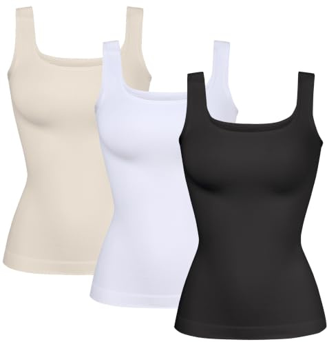 YIOIOIO Shapewear für Damen, Bauchkontrolle, Kompressions-Tanktop, 3er-Pack, Schwarz & Weiß & Hellbraun, Klein