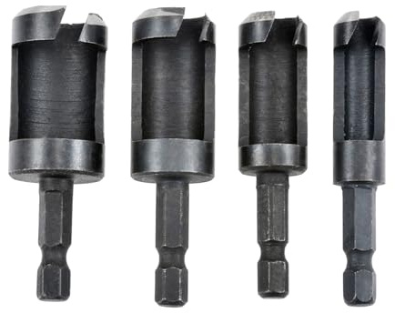 HOHXEN 4 Pièces Fraise à Bouchonner Bois, Noir Outil de Coupe pour Bouchons de Bois à Queue Hexagonale de 1/4 Pouce, Jeu de Mèches pour le Travail du Bois, Taille Métrique - 6mm/10mm/13mm/16mm