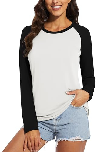 Chicrise T Shirt Women Long Sleeve Raglan Colorblock Sweatshirt Round Neck Loose Fit Comfy Lightweight Blouse Black White Large 16-18
