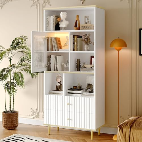 Estantería multifuncional de 78 x 36 x 180 cm, almacenamiento multicapa, puerta de armario transparente, dos cajones silenciosos + barra de luz de cambio de color controlada a distancia, diseño de pie