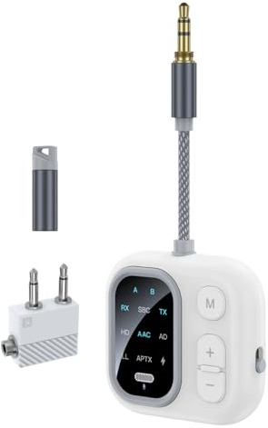 Evodiger Transmisor y Receptor Bluetooth con aptX Adaptable, Adaptador de AudioIinalámbrico Compatible con 2 Auriculares, 20horas de Reproducción, Transmisor de Audio Bluetooth para Avión, TV y Coche