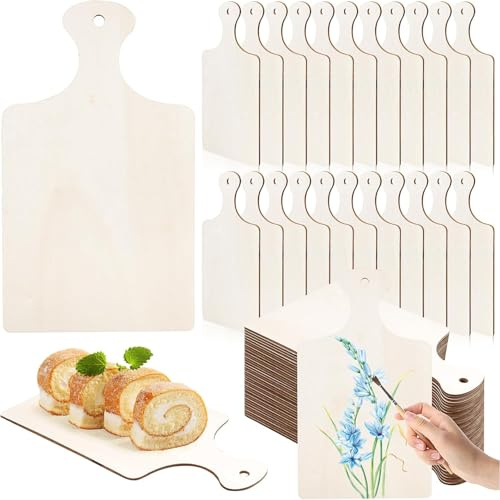 60 planches à découper en bois brut, planches à découper DIY avec poignée pour gravure, mini plateaux en bois pour cuisine, décoration ou artisanat – 24 x 14 cm