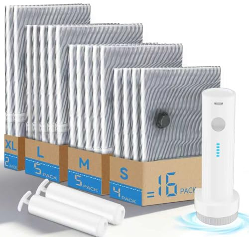 Vakuumbeutel für Kleidung mit 3 Pumpe, 16PCS Vacuum Bags for Clothes (4 x 40*50cm, 5 x 50*70cm, 5 x 60*80cm, 2 x 80*100cm) with Wireless & 2 Hand Pump Reusable Vacuum Storage Bags for Home, Travel