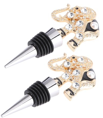 FONDOTIN 2pcs Creative Zinc Alloy Wine Bottle Stoppers Metal Elephant Inlay, Practical Wine Bottle Caps for Party and Home Use