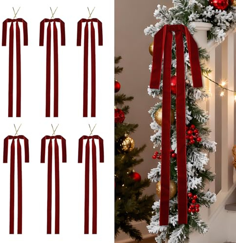 ZOCOYUU Velvet Christmas Swag Bow Ornaments Christmas Tree 23.5x15.5 Inch Large Christmas Staircase Wreath Bows for Christmas Trees Topper Bows Decorations Party Door Garland Decor (6 Pcs-Burgundy)