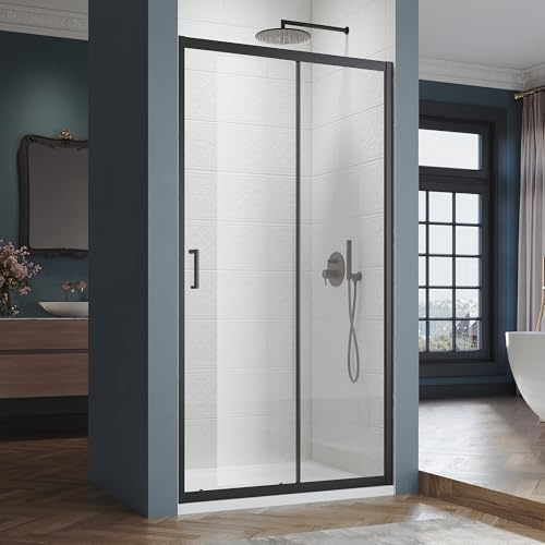 SIRHONA Cabine de douche Coulissante 120 x 185 cm Paroi de douche Transparent coulissante verre sécurit 5mm, Facile à nettoyer, Noir mat