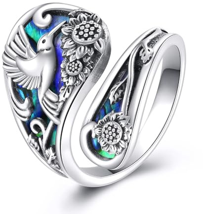VONALA Hummingbird Ring for Women 925 Sterling Silver Abalone Shell Adjustable Open Spoon Ring Jewellery Gift for Family Friends