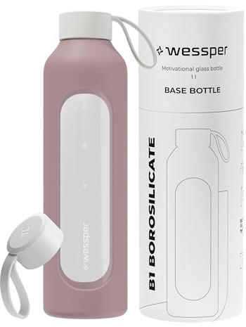 Wessper Botella de Agua Cristal, Botella 1 Litro Motivadora con Escala de Hidratación, Botellas de Vidrio Borosilicato con Funda de Silicona, Material Seguro sin BPA - Rosa polvoriento