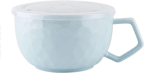 Soppskålar med handtag, Enfärgad keramisk soppskål i porslin lock och, Ramenskål, flingor - rosa 1000 ml / 3(Blu)