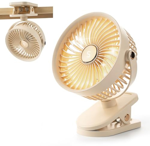 HUAXITRA Portable Clip on Fan with 5 Speeds, 360° Rotation Rechargeable Pram Fan USB Desk Fans LED Display with Sturdy Clamp, Cooling Fan Quiet Mini Table Fan for Home Office Stroller Camping (Beige)