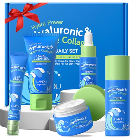 LAIKOU Collagène Marin + Acide Hyaluronique Skincare Set 5 pièces | Coffret Cadeau Femme Skincare, Kit Voyage Soin pour Hydratant et Apaisant, idéal Saint-Valentin Fête des Mères Anniversaire