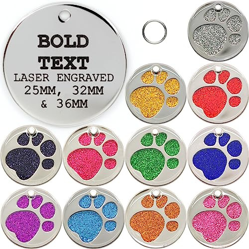 Personalised Engraved 25, 32 & 36mm Glitter Paw Print Pet Tag. Bold Contrasting Text. Small, Medium & Very Large CAT/Dog ID Tags (Red, 32mm)