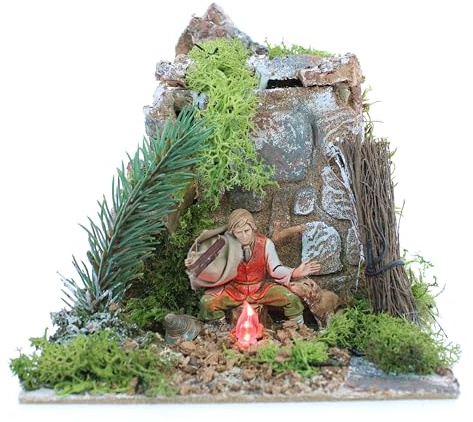 Moranduzzo Uomo con cane al fuoco 15 X 18 Cm - Movimento per Presepe in Scala 1:20 - Stile 700', Pittura Rifinita a Mano, Prodotto Ufficiale, Made in Italy, Scultore Martino Landi