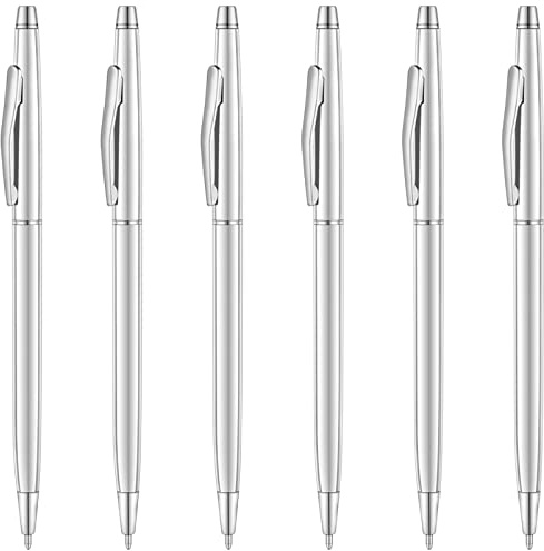 Unibene 6 Pcs Silver Slim Mental Ballpoint Pens Medium Point(1 mm) - Black ink, Nice Gift for Business Office Students Teachers Wedding