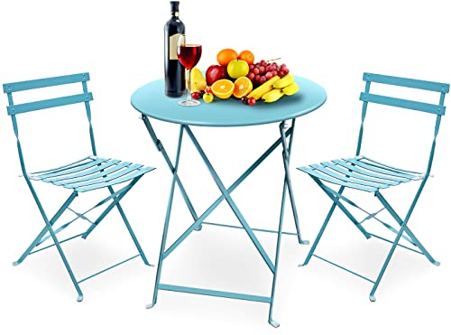 Amagabeli Bistro set da 1 tavolo pieghevole (H90 x P60 cm) e 2 sedie oldable (H83 x L42 x P38 cm) set di mobili da giardino in metallo tavolo e sedie da balcone adatto per set da giardino azzurro