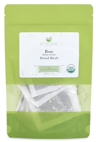 Biokoma Organic Rue Dried Herb 30 Tea Bags Pure Leaf Ruta Graveolens USDA Organic Herbal Tea Aromatic Sachets Spiritual Use Resealable Moisture Proof Pouch No Additives No Preservatives No GMO Kosher