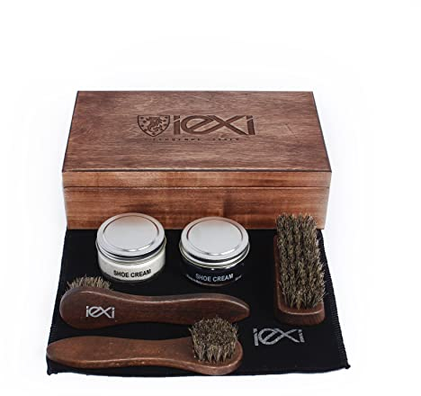 IEXI Ethic Kit - Kit con Scatola in Legno per Cura e Manutenzione Pelle Scarpe, Borse, Cinture e altri accessori Made in Italy - Kit con 3 Spazzole, 2 Creme e Panno - Idea Regalo