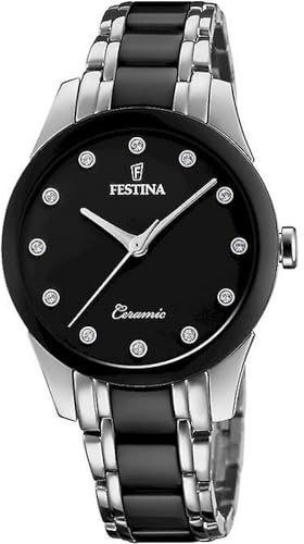 Festina Damenuhr Analog aus Edelstahl 316l Schwarz | Quarzwerk, Widerstandsfähiges Mineralglas, Wasserdicht 5 ATM F20499/3, Ceramic