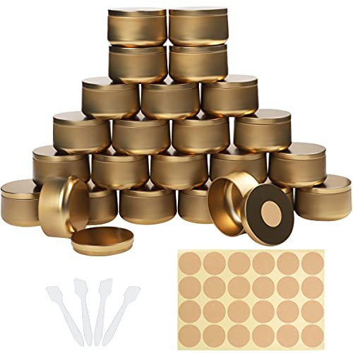 BELLE VOUS Lot de 24 Pot a Bougie Vide Metal Doré avec Stickers et Spatules - Ronde et Petite Boite en Metal de 230 ML - Petite Boite Metallique pour Faire Ses Bougies, Travaux Manuels, Rangement