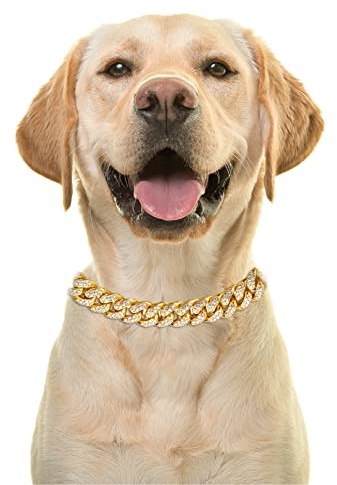 Halukakah Goldkette Iced Out für Hund,Diamant Kubanische Halskette Kragen 14MM 18 Karat Echt Vergoldet 50cm Größe L mit KOSTENLOSER Geschenkbox,Nur Dekoration