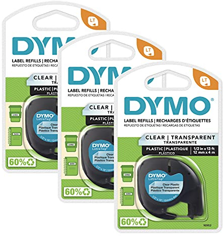 DYMO LT märkningstejp för LetraTag etiketttillverkare, svart tryck på tydliga etiketter, 1/2-tums x 13-fots rullar, 3 st