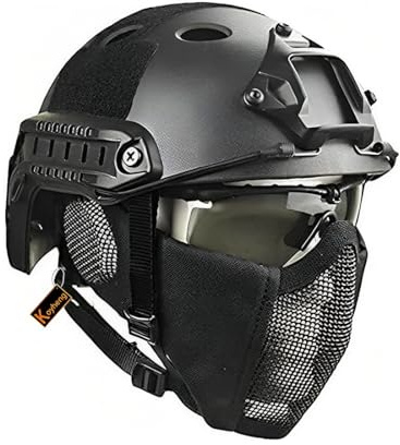 Casco Fast Tattico MH Combinato, con Protezione per le Orecchie Pieghevole Maschera a Rete Mezza Faccia e Occhiali per il Set di Giochi Airsoft Paintball CS
