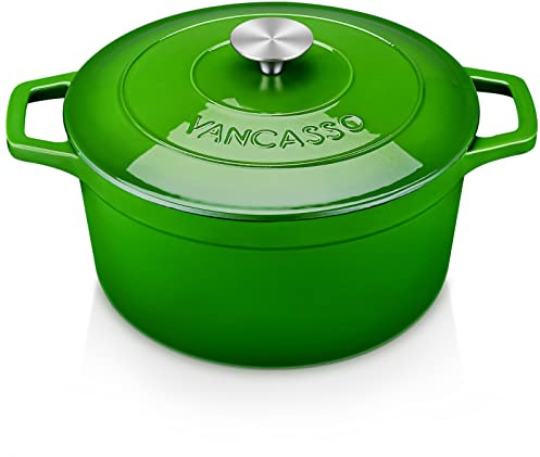 vancasso Induktionskochtopf, Grün, Kasserolle aus Gusseisen, 5 l, Antihaft-Kochtopf, ofenfest, verwendet als Eintopf, Suppe, mit Deckel, rund, nahrhaft und lecker, 26 x 13 cm