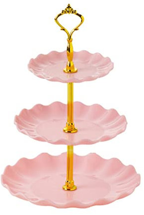 Koomuao Presentatore a Gateau 3 piani in plastica cesto per frutta vassoi di servizio torte portatorte supporto alimenti per cupcacks cibo frutta dolci (rosa)