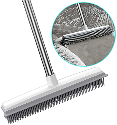2 in 1 Rubber Broom with Squeegee Edge, Carpet Brush with Adjustable Long Handle Outdoor Soft Push Broom for Pet Cat Dog Hair Removal Carpet Kitchen Garden Yard Window Cleaning