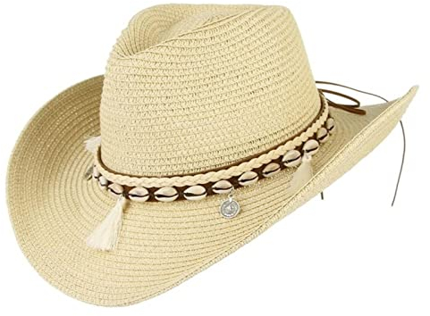 XKUN Muschel Tassels Cowgirl Sommerhut Strohhut Für Frauen Western Cowboyhut Lady Trendy Gewebte Sonnenhut Beach Cap Sun Hut-Beige,One Size