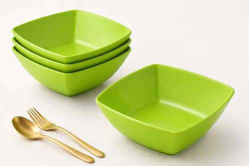 Buzztrove 4 Pack Plastic Bowls 24x24cm Green – Reusable Square Serving Bowls – Durable Plastic Pasta, Fruit & Salad Bowls – Lightweight Green Party Bowls.