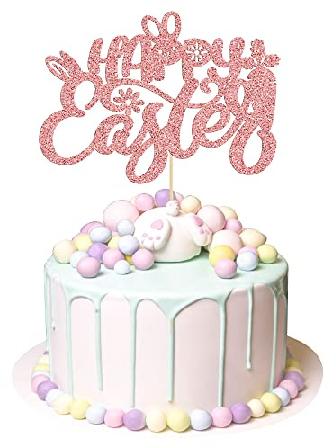 1Pc Happy Easter Cake Topper Rose Gold Glitter Bunny Cake Decorations Rabbit Carrot Cake Food Pick for Happy Easter Themed Baby Shower Kids Birthday Party Supplies