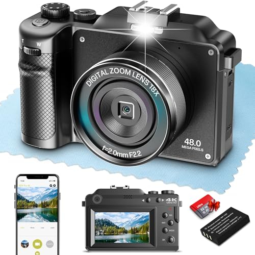 4K Appareil Photo Numérique avec Dual-Lens 48MP 18x Zoom Appareil Photo Numérique Compact Rétro Caméra Numérique Autofocus avec Lentille Grand Angle et Macro,Selfie Appareil,32G Carte,WiFi,Noir