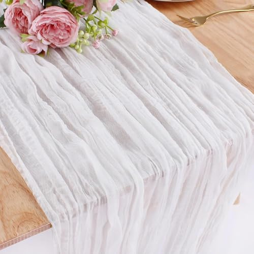 Kesfey 13FT Weiß Gaze Tischläufer 90x400cm Lang Boho Gauze Tischläufer Cheesecloth Für Hochzeit Party Braut Baby Dusche Geburtstag Dinner Tischdekorationen