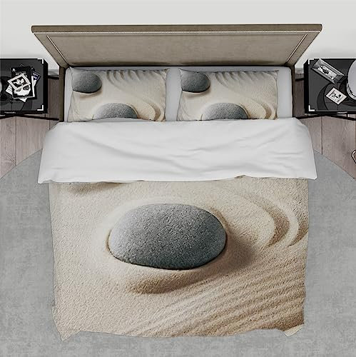 HOBBOY Grauer Stein & Creme Strandmuster Bettbezugsset 2 Kissenbezüge weich 3-teilig Einfacher Bettwäsche-Bettbezugs-Set mit Reißverschlussbändern 200x200 cm
