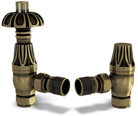 UK Radiators Antique Brass Thermostatic Radiator Valve and Angled Lockshield Valve - Brushed Antique Brass Finish - Traditional Design 1/2 x 10mm Metal Head Radiator Valve