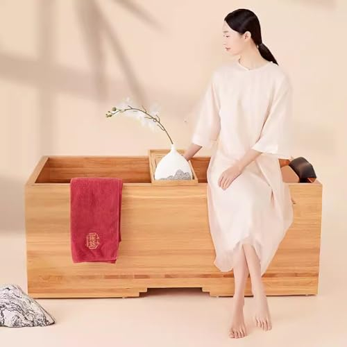 MegLob Freistehender Hölzerne Badewanne, Japanischer Stil, Tiefe Badewanne Für Paare Mit Badschale, Rechteckige Form Klassischer Soaker Mit Pop-Up-Abfluss,180cm/70.89in