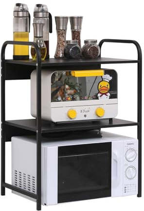 Menaka 3 Tiers Microwave Oven Rack Kitchen Unit Storage Baker Shelf for Tabletop Countertop, Home Office Desktop Printer Rack Shelf Free Standing Metal Frame with Wood Tabletop (3 Tiers Black)