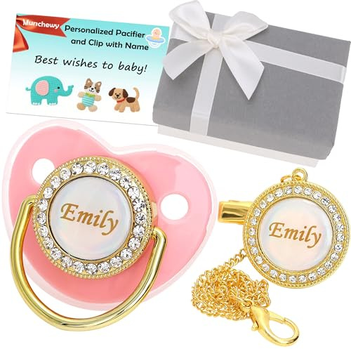Munchewy Personalisierter Schnuller und Clip mit Geschenkbox, Grußkarte, glitzernder Kristall, luxuriöses Schnullergeschenk für Jungen, Mädchen, Babyparty, Neugeborene, Fotografie (Rosa)