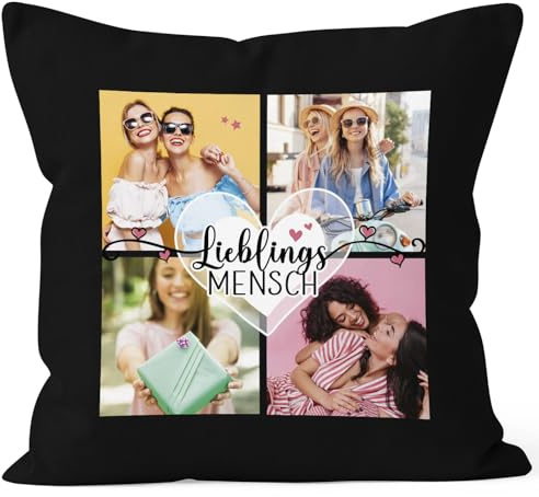 SpecialMe® Kissen-Bezug mit Foto-Collage personalisiert mit bis zu 4 Bildern Wunschtext Fotogeschenk Beste Freundin Freundschaftsgeschenk Schwarz Standard