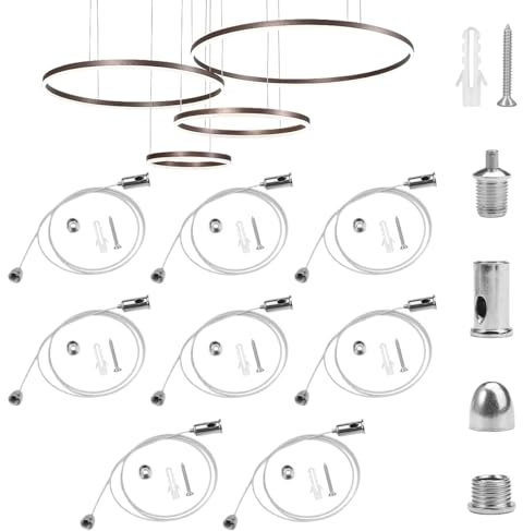 EXIN DECHEN 8 Stück Verstellbare Seilaufhängung, Einstellbar Stahlseil Seilaufhängung, Verschleißfest Stahlseil mit Ösen, Einstellbares Drahtseil Aufhängeset für Led Panel Deckenleuchte (1M)