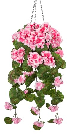 Arborus Künstliche Geranien Künstliche Hängepflanzen wie Echt 55 cm Künstliche Blumen Hängend Künstliche Hängepflanzen im Korb Dekopflanzen für Wohnzimmer Schlafzimmer Bad Balkon Deko