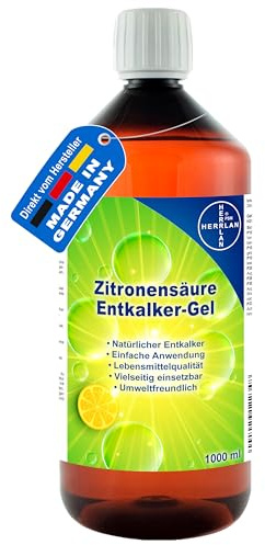 HERRLAN® Zitronensäure Kalkentferner & Entkalker Gel 1 Liter | Bio-Entkalker auf Zitronensäurebasis zur Entfernung von Kalkablagerungen auf Armaturen und Oberflächen, Made in Germany.