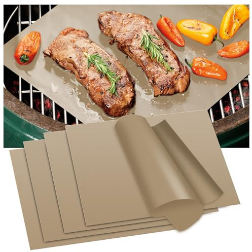 KitchenRaku BBQ Grill Mat 33X40cm Set of 5, Non Stick Oven Liners for Bottom of Fan Assisted Ovens, Reusable Teflon Barbecue Mats for Baking on Gas, Charcoal, Oven & Electric Grills (Copper)