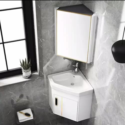 Lavabo angolare in ceramica Lavabo angolare con mobile da toeletta Lavabo da bagno con spazio di stoccaggio Lavabo mini in ceramica bianca con scarico Lavabo da bagno montato a parete(White,15in/38cm)