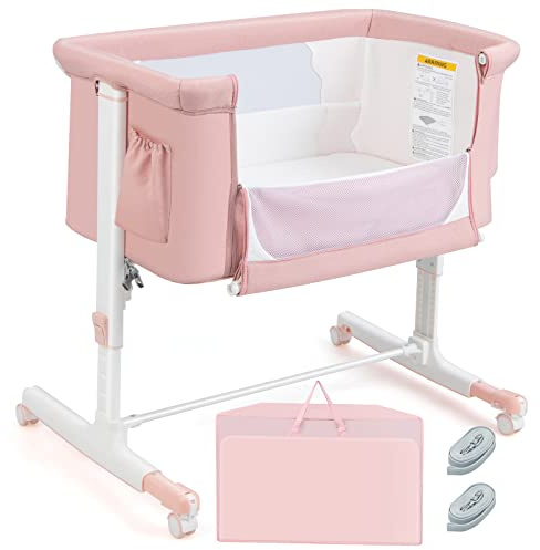 COSTWAY 3-i-1 sidosäng & babyvagga & resesäng, höjdjusterbar babysäng, i 5 steg, lutbar, barnsäng inkl. madrass, bärväska, barnvagn, kan belastas upp till 9 kg (rosa)
